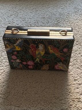 Floral Bird Embroidered Box Clutch in Black and Multicolor